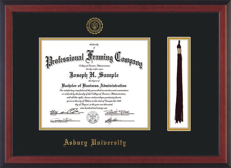 Image of Asbury University Diploma Frame - Cherry Reverse - w/Embossed Asbury Seal & Name - Tassel Holder - Black on Gold mat
