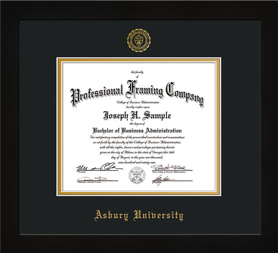 Image of Asbury University Diploma Frame - Flat Matte Black - w/Embossed Asbury Seal & Name - Black on Gold mat