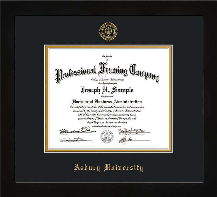 Image of Asbury University Diploma Frame - Flat Matte Black - w/Embossed Asbury Seal & Name - Black on Gold mat