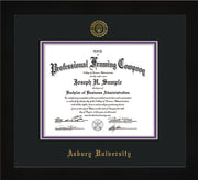 Image of Asbury University Diploma Frame - Flat Matte Black - w/Embossed Asbury Seal & Name - Black on Purple mat