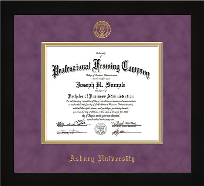 Image of Asbury University Diploma Frame - Flat Matte Black - w/Embossed Asbury Seal & Name - Purple Suede on Gold mat