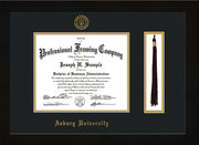 Image of Asbury University Diploma Frame - Flat Matte Black - w/Embossed Asbury Seal & Name - Tassel Holder - Black on Gold mat