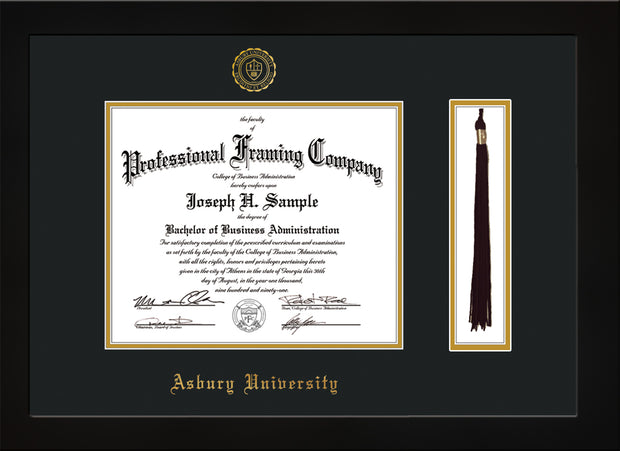 Image of Asbury University Diploma Frame - Flat Matte Black - w/Embossed Asbury Seal & Name - Tassel Holder - Black on Gold mat