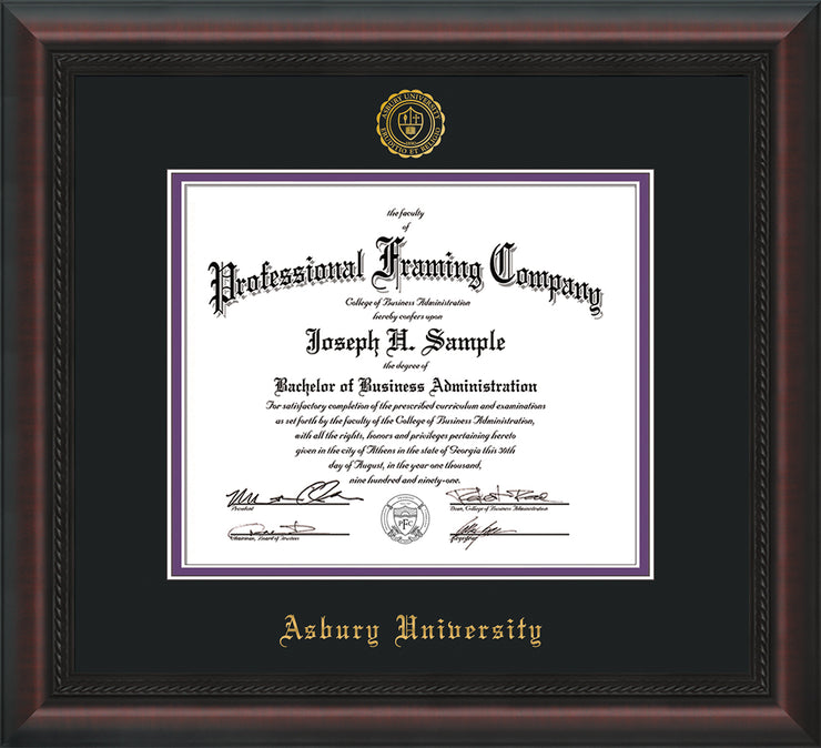 Image of Asbury University Diploma Frame - Mahogany Braid - w/Embossed Asbury Seal & Name - Black on Purple mat