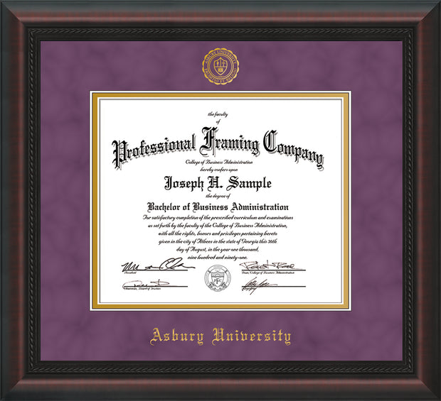 Image of Asbury University Diploma Frame - Mahogany Braid - w/Embossed Asbury Seal & Name - Purple Suede on Gold mat