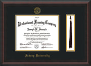 Image of Asbury University Diploma Frame - Mahogany Braid - w/Embossed Asbury Seal & Name - Tassel Holder - Black on Gold mat