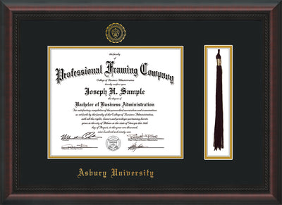Image of Asbury University Diploma Frame - Mahogany Braid - w/Embossed Asbury Seal & Name - Tassel Holder - Black on Gold mat
