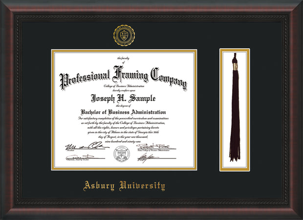 Image of Asbury University Diploma Frame - Mahogany Braid - w/Embossed Asbury Seal & Name - Tassel Holder - Black on Gold mat