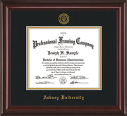 Image of Asbury University Diploma Frame - Mahogany Lacquer - w/Embossed Asbury Seal & Name - Black on Gold mat