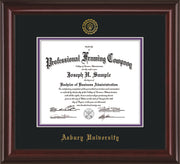 Image of Asbury University Diploma Frame - Mahogany Lacquer - w/Embossed Asbury Seal & Name - Black on Purple mat