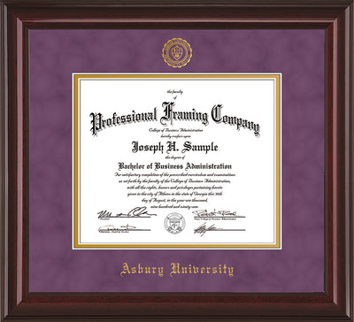 Image of Asbury University Diploma Frame - Mahogany Lacquer - w/Embossed Asbury Seal & Name - Purple Suede on Gold mat