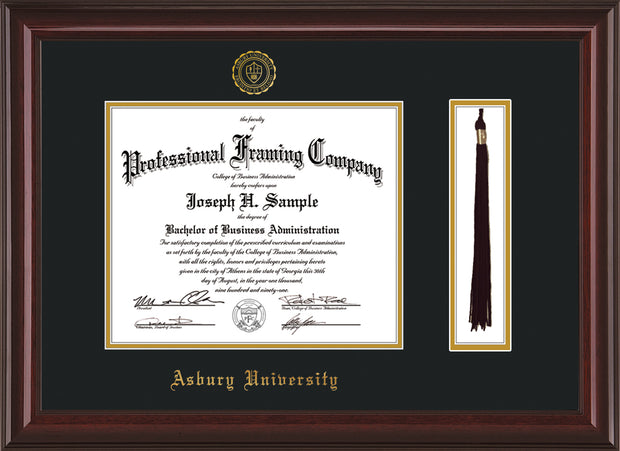 Image of Asbury University Diploma Frame - Mahogany Lacquer - w/Embossed Asbury Seal & Name - Tassel Holder - Black on Gold mat