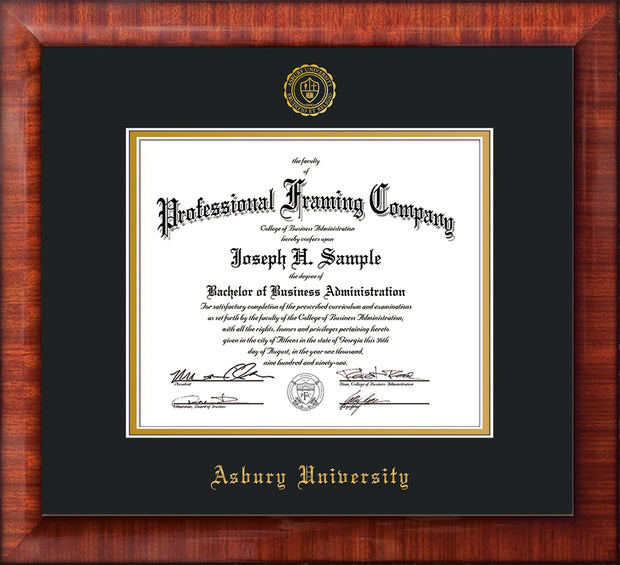 Image of Asbury University Diploma Frame - Mezzo Gloss - w/Embossed Asbury Seal & Name - Black on Gold mat