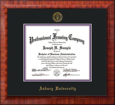 Image of Asbury University Diploma Frame - Mezzo Gloss - w/Embossed Asbury Seal & Name - Black on Purple mat
