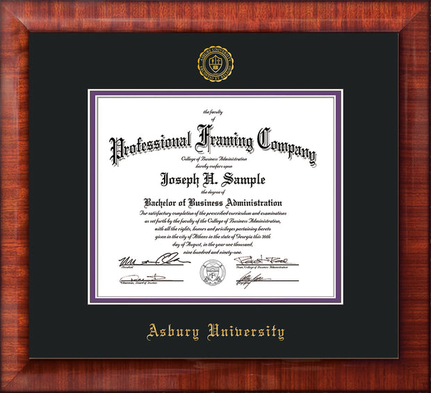 Image of Asbury University Diploma Frame - Mezzo Gloss - w/Embossed Asbury Seal & Name - Black on Purple mat