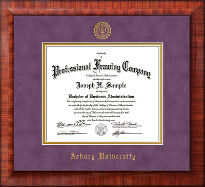 Image of Asbury University Diploma Frame - Mezzo Gloss - w/Embossed Asbury Seal & Name - Purple Suede on Gold mat