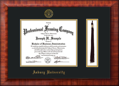 Image of Asbury University Diploma Frame - Mezzo Gloss - w/Embossed Asbury Seal & Name - Tassel Holder - Black on Gold mat