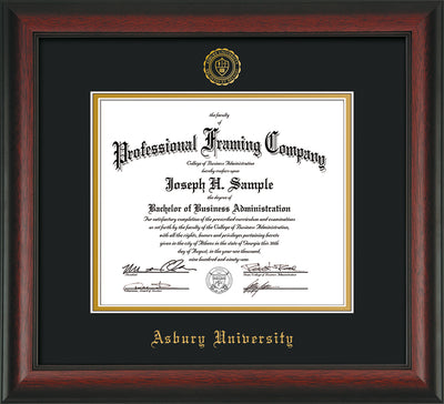 Image of Asbury University Diploma Frame - Rosewood - w/Embossed Asbury Seal & Name - Black on Gold mat