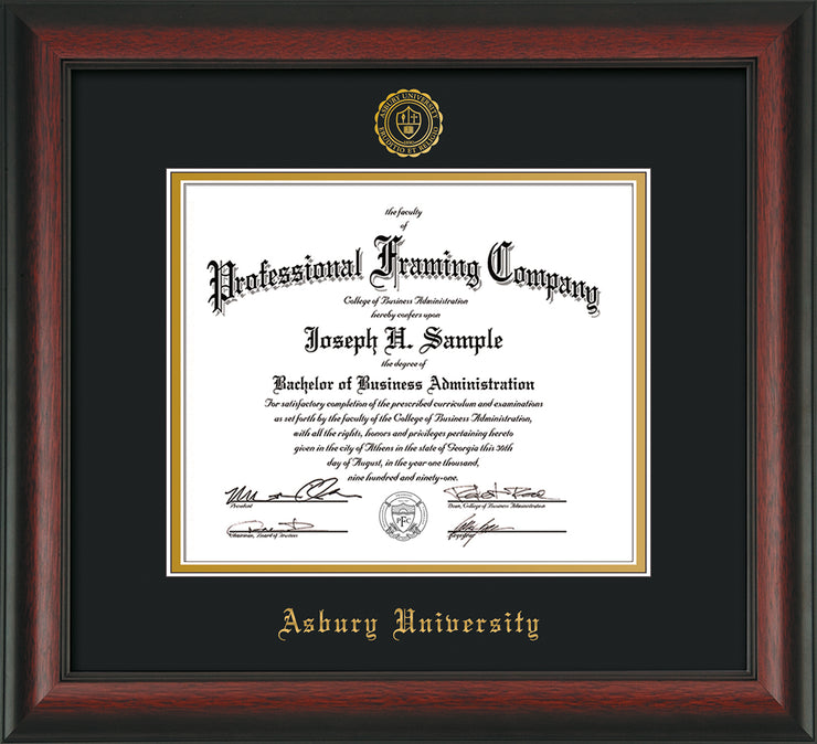 Image of Asbury University Diploma Frame - Rosewood - w/Embossed Asbury Seal & Name - Black on Gold mat