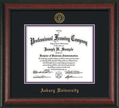 Image of Asbury University Diploma Frame - Rosewood - w/Embossed Asbury Seal & Name - Black on Purple mat