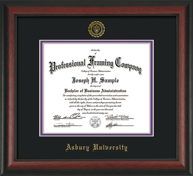 Image of Asbury University Diploma Frame - Rosewood - w/Embossed Asbury Seal & Name - Black on Purple mat