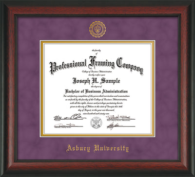Image of Asbury University Diploma Frame - Rosewood - w/Embossed Asbury Seal & Name - Purple Suede on Gold mat