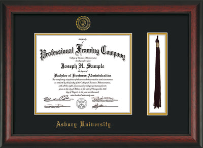 Image of Asbury University Diploma Frame - Rosewood - w/Embossed Asbury Seal & Name - Tassel Holder - Black on Gold mat