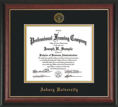 Image of Asbury University Diploma Frame - Rosewood w/Gold Lip - w/Embossed Asbury Seal & Name - Black on Gold mat