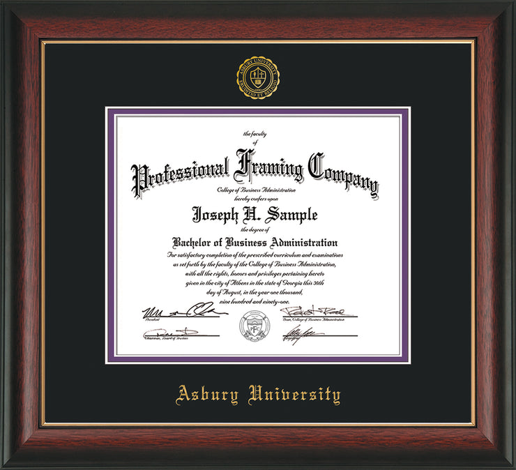 Image of Asbury University Diploma Frame - Rosewood with Gold Lip - w/Embossed Asbury Seal & Name - Black on Purple mat