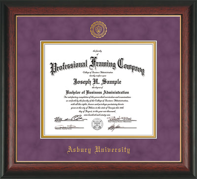 Image of Asbury University Diploma Frame - Rosewood with Gold Lip - w/Embossed Asbury Seal & Name - Purple Suede on Gold mat