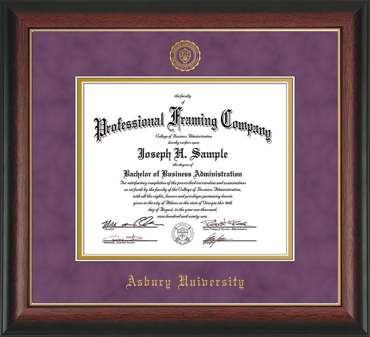 Image of Asbury University Diploma Frame - Rosewood with Gold Lip - w/Embossed Asbury Seal & Name - Purple Suede on Gold mat