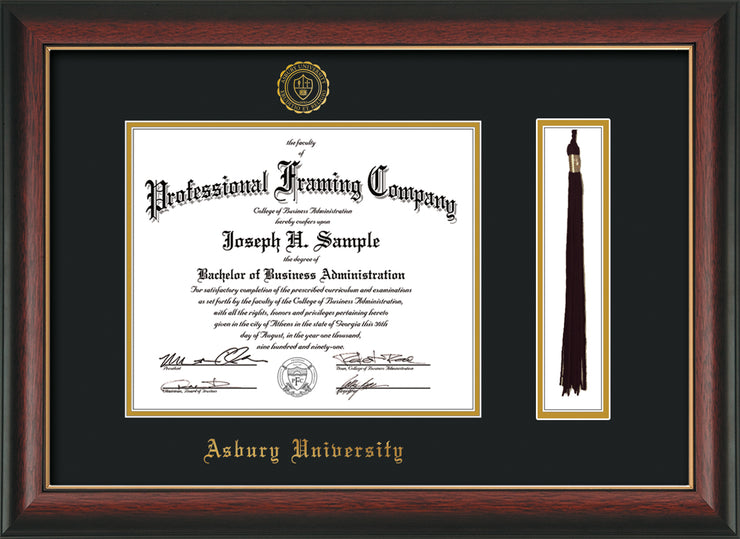 Image of Asbury University Diploma Frame - Rosewood with Gold Lip - w/Embossed Asbury Seal & Name - Tassel Holder - Black on Gold mat