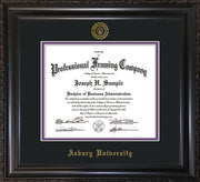 Image of Asbury University Diploma Frame - Vintage Black Scoop - w/Embossed Asbury Seal & Name - Black on Purple mat