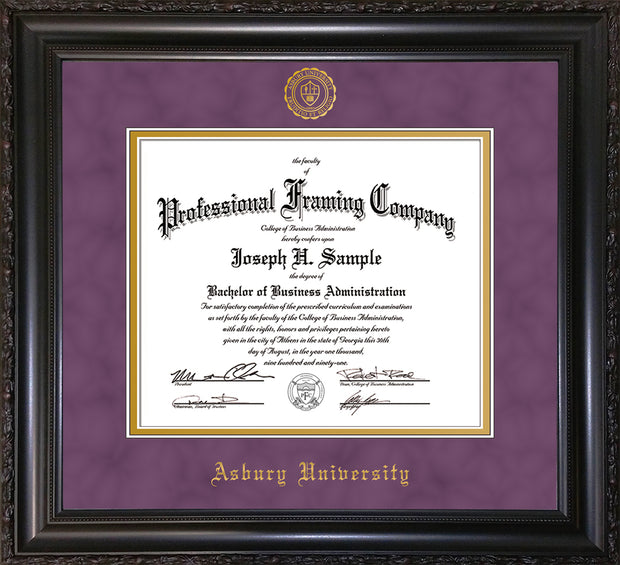 Image of Asbury University Diploma Frame - Vintage Black Scoop - w/Embossed Asbury Seal & Name - Purple Suede on Gold mat