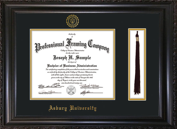 Image of Asbury University Diploma Frame - Vintage Black Scoop - w/Embossed Asbury Seal & Name - Tassel Holder - Black on Gold mat