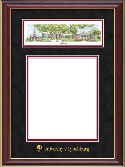 Image of University of Lynchburg Diploma Frame - Cherry Lacquer - w/Embossed School Name Only - Campus Collage - Black Suede on Crimson mat