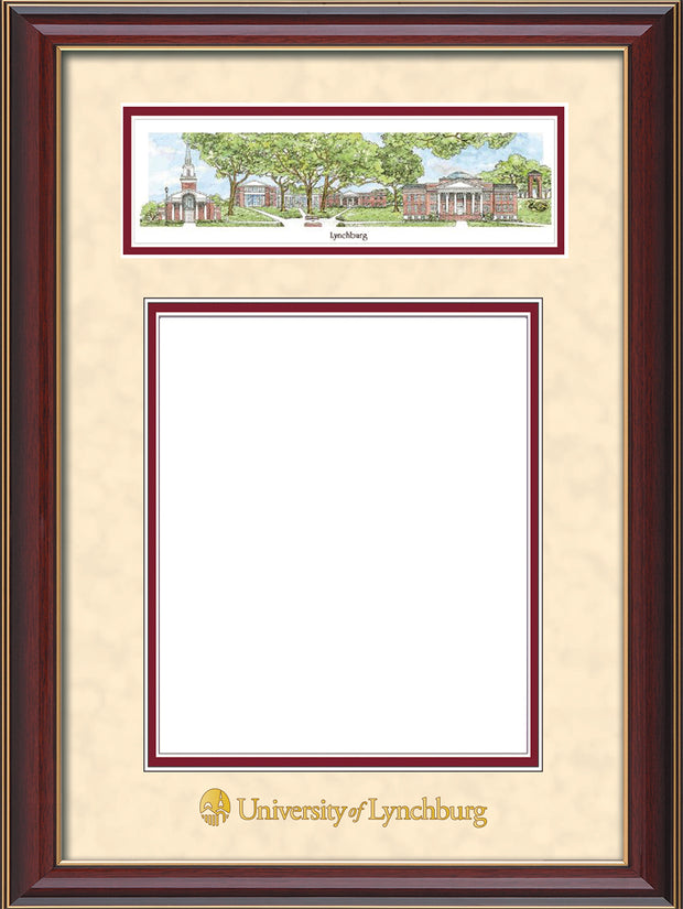 Image of University of Lynchburg Diploma Frame - Cherry Lacquer - w/Embossed School Name Only - Campus Collage - Cream Suede on Crimson mat