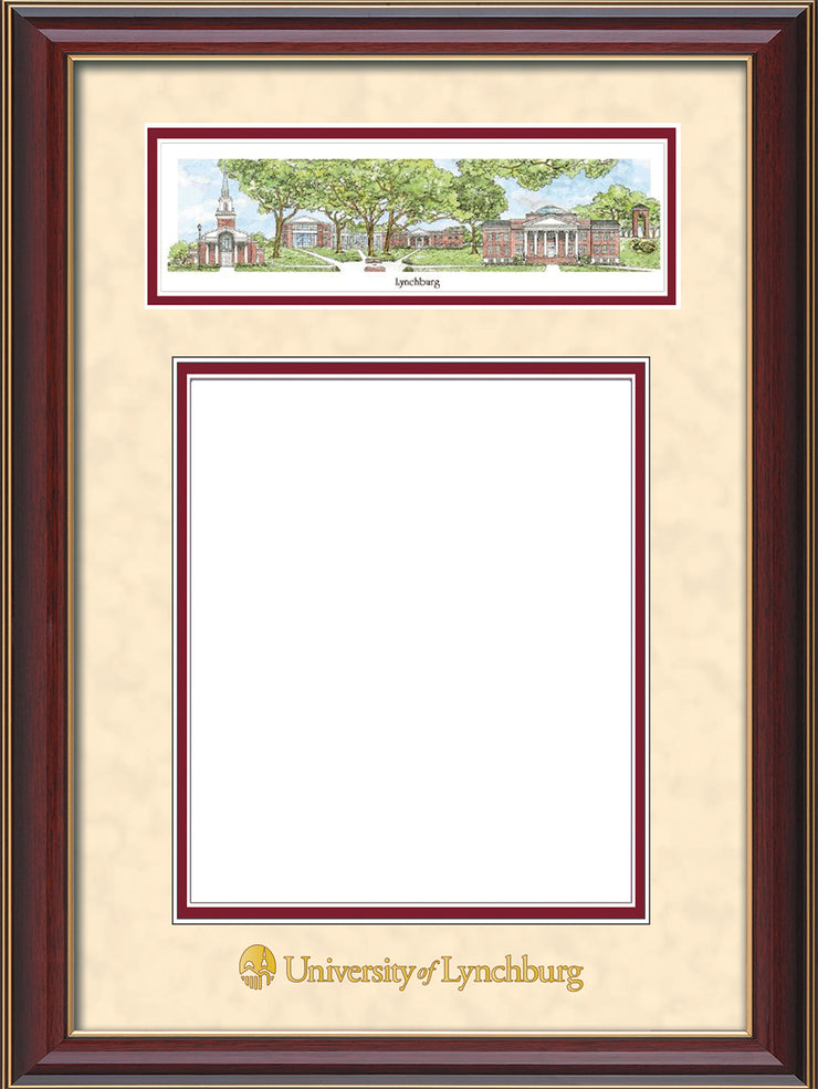 Image of University of Lynchburg Diploma Frame - Cherry Lacquer - w/Embossed School Name Only - Campus Collage - Cream Suede on Crimson mat