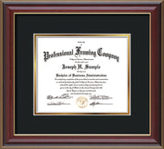 Horizontal View of the Custom Cherry Lacquer Art and Document Frame with Black on Gold Mat