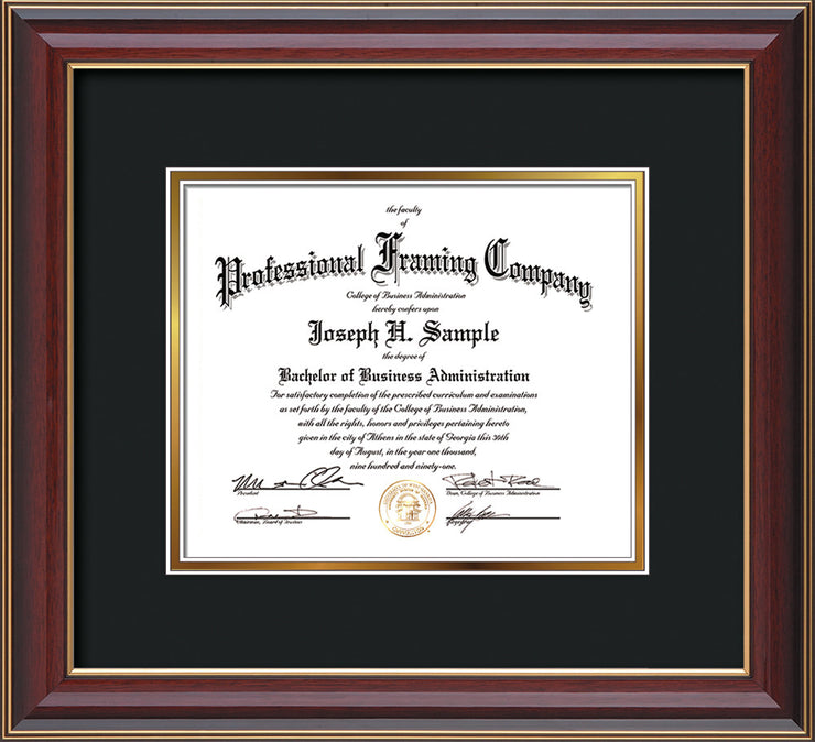 Horizontal View of the Custom Cherry Lacquer Art and Document Frame with Black on Gold Mat
