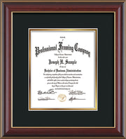 Vertical view of the Custom Cherry Lacquer Art and Document Frame with Black on Gold Mat