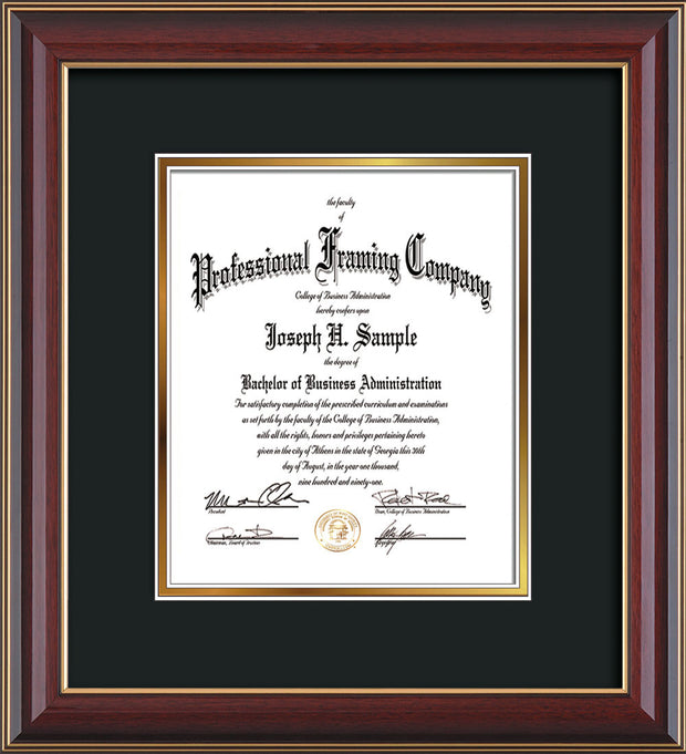 Vertical view of the Custom Cherry Lacquer Art and Document Frame with Black on Gold Mat
