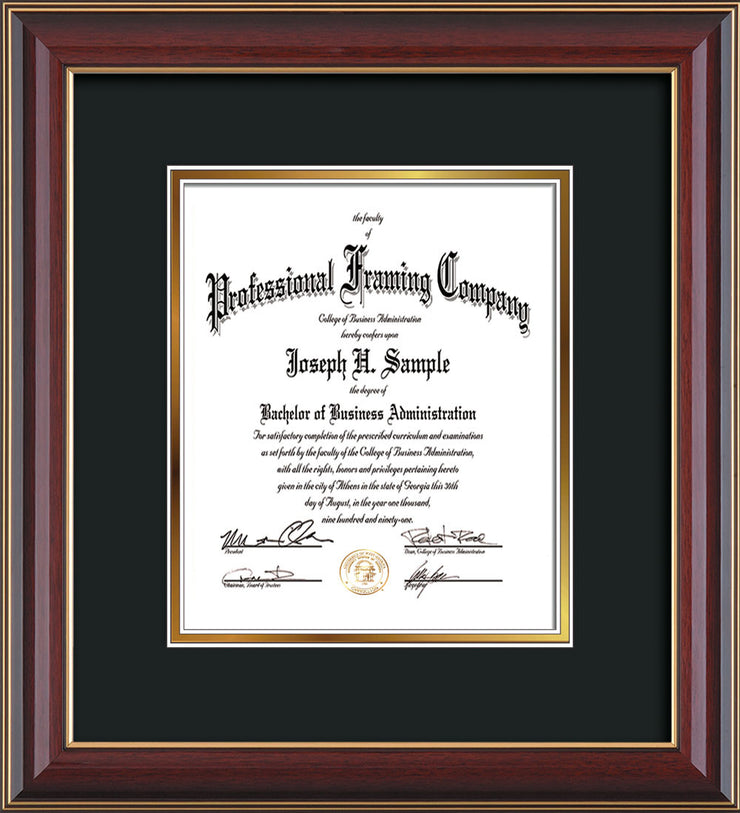 Vertical view of the Custom Cherry Lacquer Art and Document Frame with Black on Gold Mat