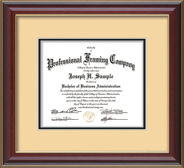 Horizontal view of Custom Cherry Lacquer Art and Document Frame with Cream on Black Mat