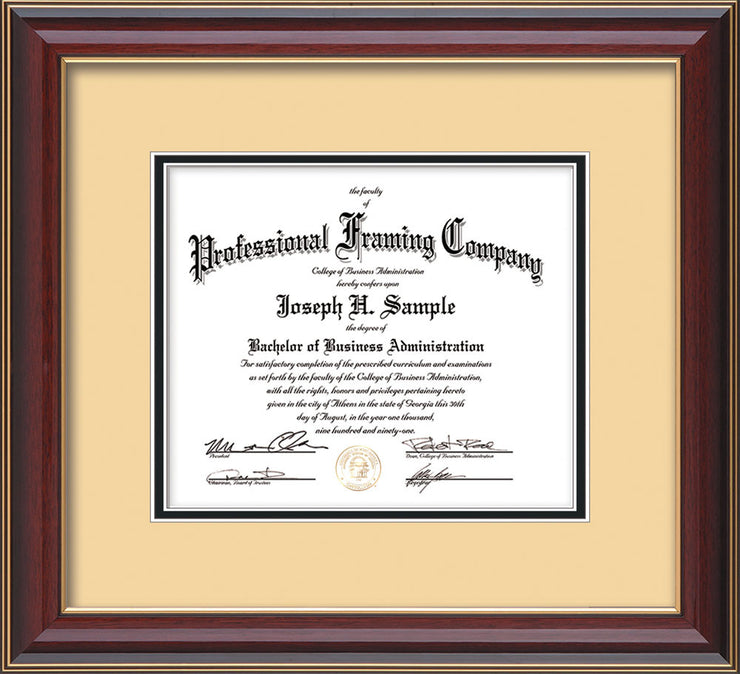 Horizontal view of Custom Cherry Lacquer Art and Document Frame with Cream on Black Mat