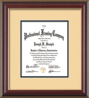 Vertical view of the Custom Cherry Lacquer Art and Document Frame with Cream on Black Mat