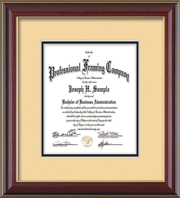 Vertical view of the Custom Cherry Lacquer Art and Document Frame with Cream on Black Mat