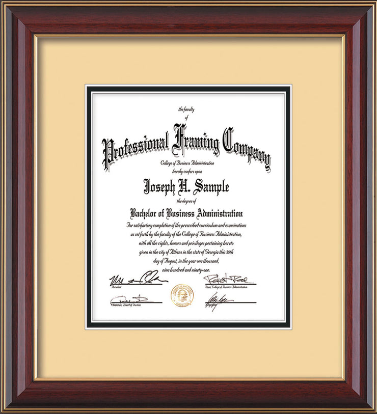 Vertical view of the Custom Cherry Lacquer Art and Document Frame with Cream on Black Mat