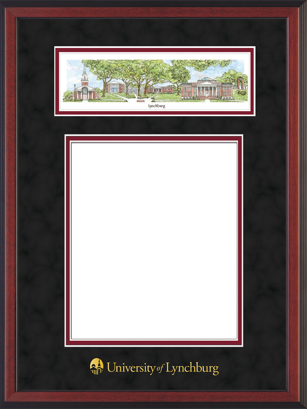 Image of University of Lynchburg Diploma Frame - Cherry Reverse - w/Embossed School Name Only - Campus Collage - Black Suede on Crimson mat