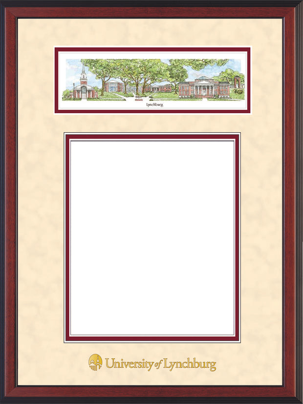 Image of University of Lynchburg Diploma Frame - Cherry Reverse - w/Embossed School Name Only - Campus Collage - Cream Suede on Crimson mat